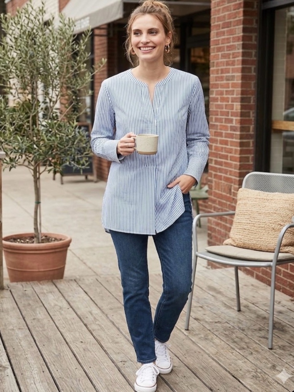 OLD NAVY | Navy and White Striped Cotton Poplin Popover Tunic Shirt